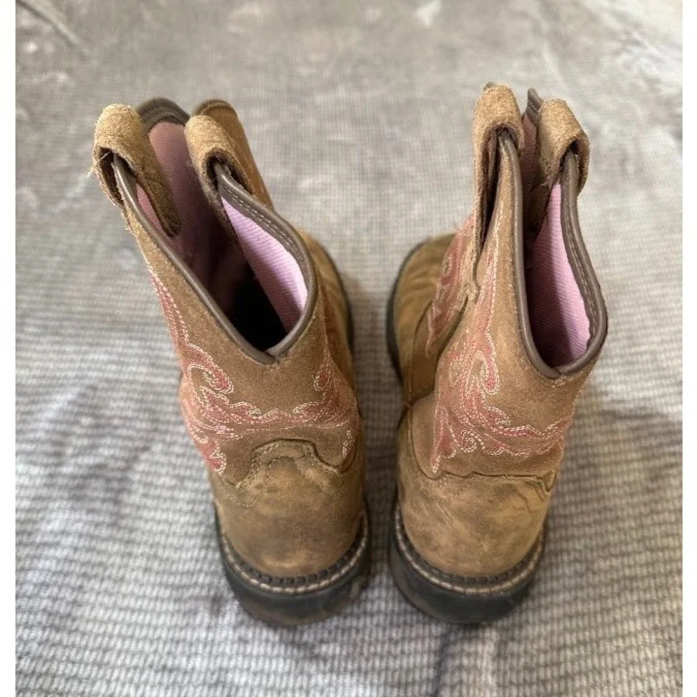 Ariat Girls Fatbaby Brown Leather Pink Embroidery Western Cowboy Boots Round Toe